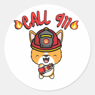 Pegatina Redonda El gracioso perro Corgi es un bombero
