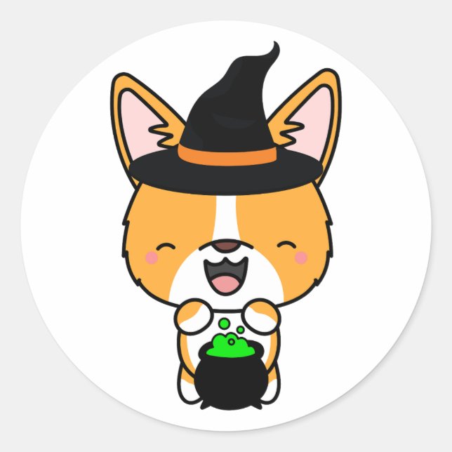 Pegatina Redonda El gracioso perro corgi es una bruja (Anverso)