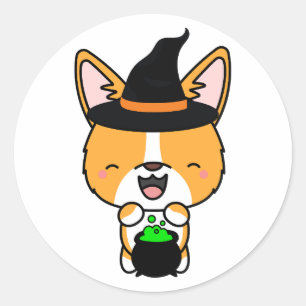 Pegatina Redonda El gracioso perro corgi es una bruja