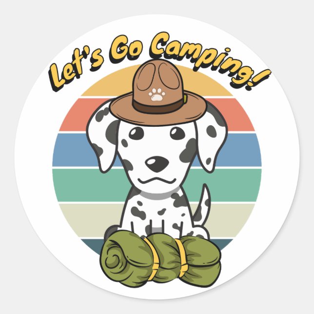 Pegatina Redonda El gracioso perro dálmata quiere ir de campamento (Anverso)