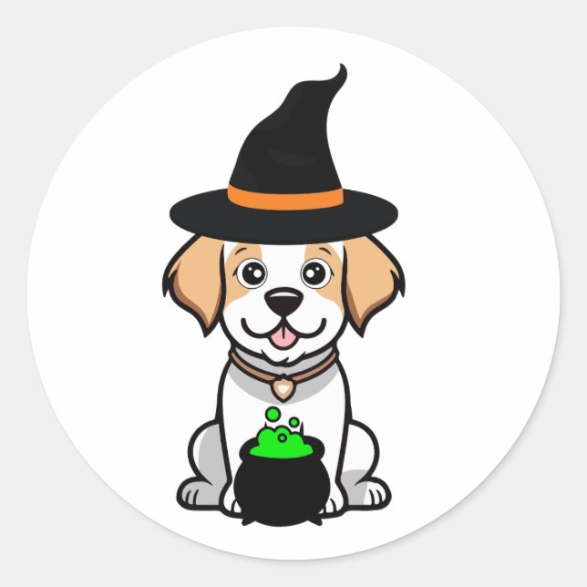 Pegatina Redonda El gracioso perro Happy es una bruja (Anverso)