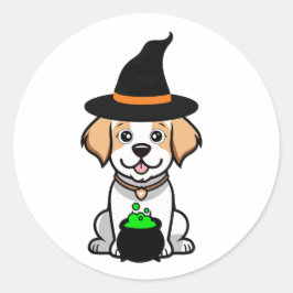 Pegatina Redonda El gracioso perro Happy es una bruja