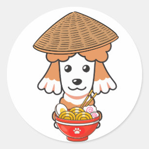 Pegatina Redonda El gracioso perro marrón come fideos
