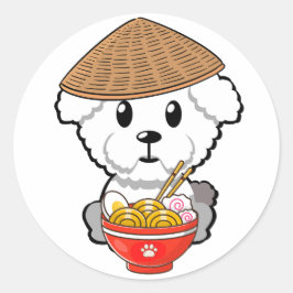 Pegatina Redonda El gracioso perro peludo come fideos