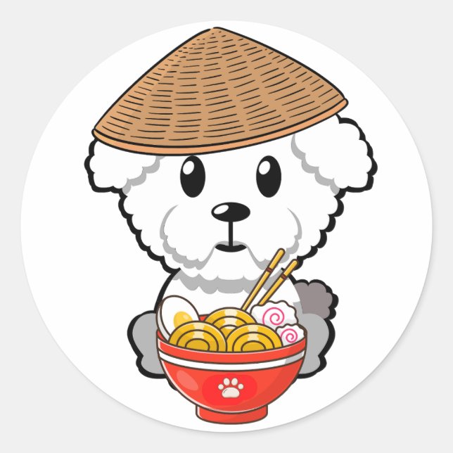 Pegatina Redonda El gracioso perro peludo come fideos (Anverso)