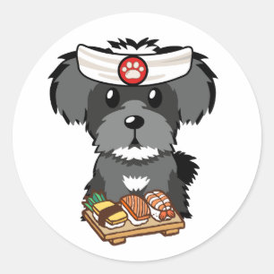 Pegatina Redonda El gracioso perro schnauzer es un chef de sushi