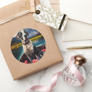 Pegatina Redonda El gran danés en un remo: una aventura escénica