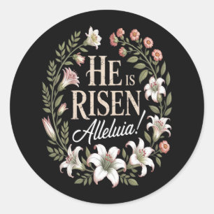 Pegatina Redonda Él ha resucitado Aleluya Floral Pascua cristiana
