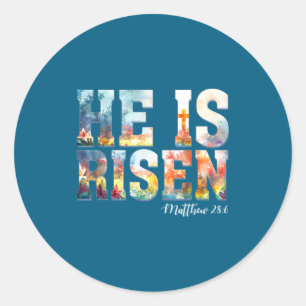 Pegatina Redonda Él ha resucitado boho Pascua cristiano Jesús 