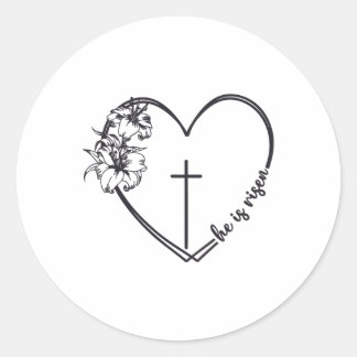 Pegatina Redonda Él ha resucitado Corazón Flor Cruz Biblia Cristian