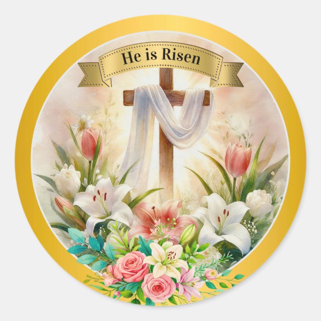 Pegatina Redonda Él ha Resucitado Cristiano - Religioso Pascua (Anverso)