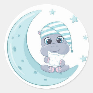 Pegatina Redonda El Hipo Del Bebé Sobre La Luna