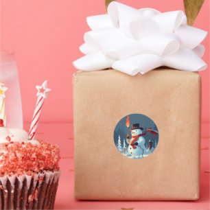 Pegatina Redonda El hombre de nieve lleva la antorcha olímpica