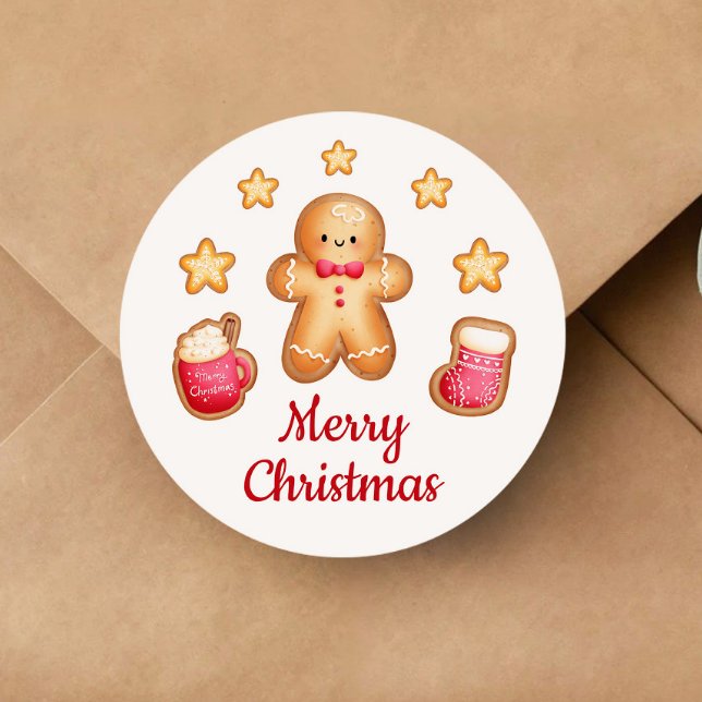 Pegatina Redonda El hombre de pan de jengibre lindo Feliz Navidad (Cute Gingerbread Man Merry Christmas Classic Round Sticker)