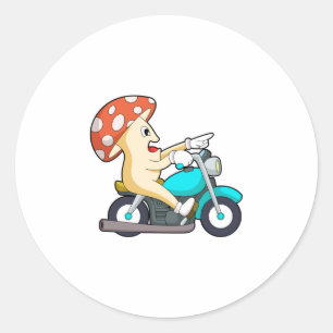Pegatina Redonda El hongo como ciclista con motocicleta