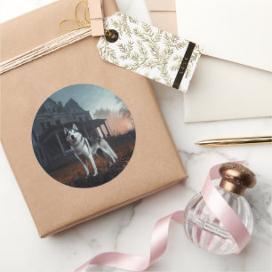 Pegatina Redonda El Husky Halloween Siberian asuy