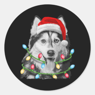 Pegatina Redonda El Husky Siberiano Árbol de Navidad enciende Navi