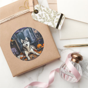 Pegatina Redonda El Husky Siberiano Calabaza Halloween Scary