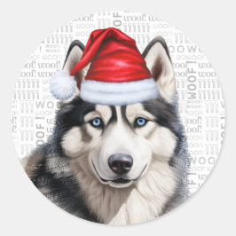 Pegatina Redonda El Husky Siberiano Festivo y los Navidades de arte