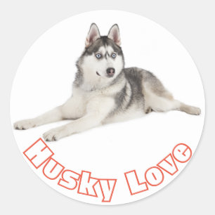 Pegatina Redonda El Husky Siberiano Gray Black Puppy Perro Amor Roj