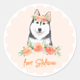 Pegatina Redonda El Husky Siberiano y las Flores de Peach Cumpleaño