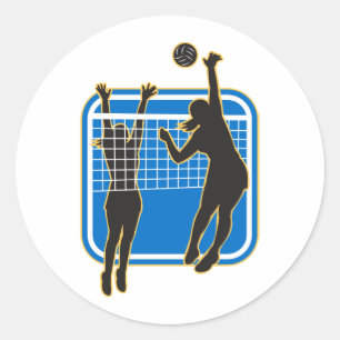 Pegatina Redonda El jugador de voleibol está bloqueando la bola en 