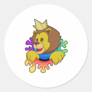 Pegatina Redonda El león como rey con corona