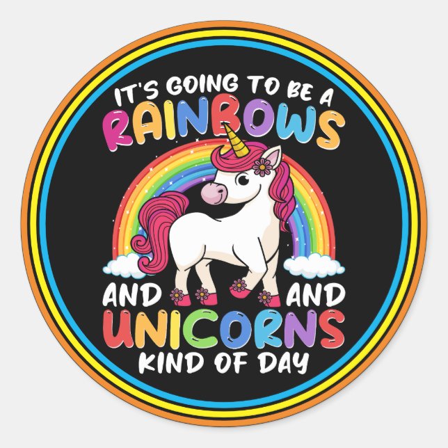 Pegatina Redonda El lindo arcoiris Unicornio Guay Birthday Presny (Anverso)