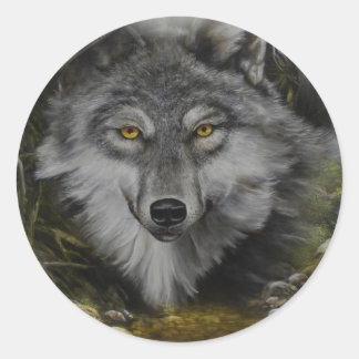 Pegatina Redonda El lobo se mezcla con la pintura del río