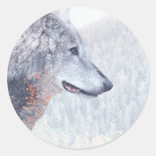 Pegatina Redonda El lobo y el bosque