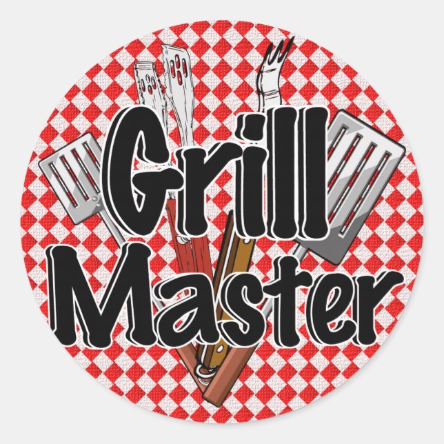 Pegatina Redonda El Maestro Grill con herramientas de barbacoa (Anverso)