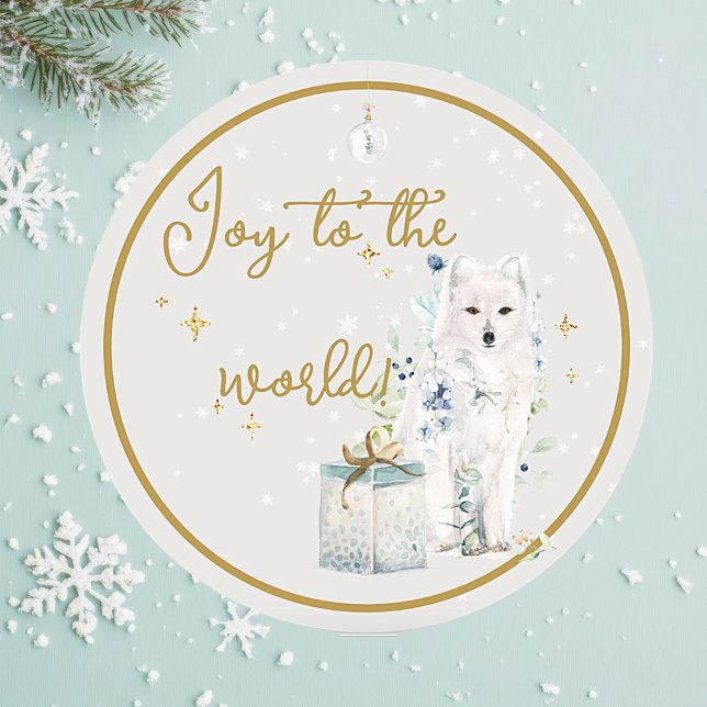 Pegatina Redonda El maravilloso invierno: la alegría del lobo de ni ("Joy to the World" winter wonderland Christmas greeting card. Watercolor in beautiful white wolf.)