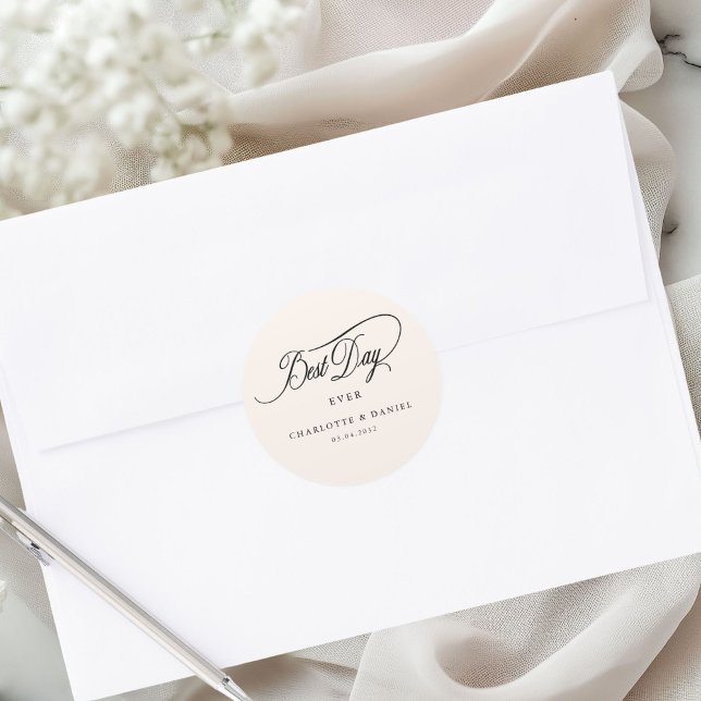 Pegatina Redonda ¡EL MEJOR DÍA DE LA HISTORIA! Elegante, Boda (Personalized BEST DAY EVER! Elegant, Wedding Classic Round Sticker)