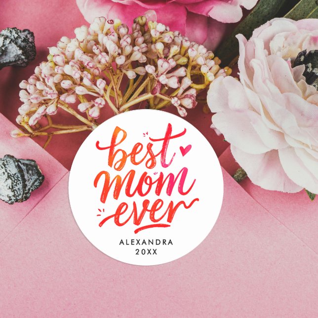 Pegatina Redonda El mejor guión de caligrafía roja y blanca de mamá (Subido por el creador)