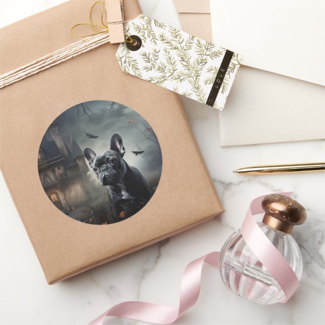 Pegatina Redonda El miedo de Halloween en el Bulldog francés (Regalar)