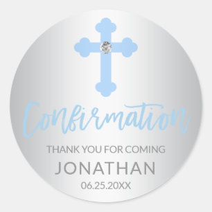 Pegatina Redonda El muchacho cruzado azul de plata de la