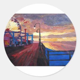 Pegatina Redonda El muelle de Santa Mónica al amanecer