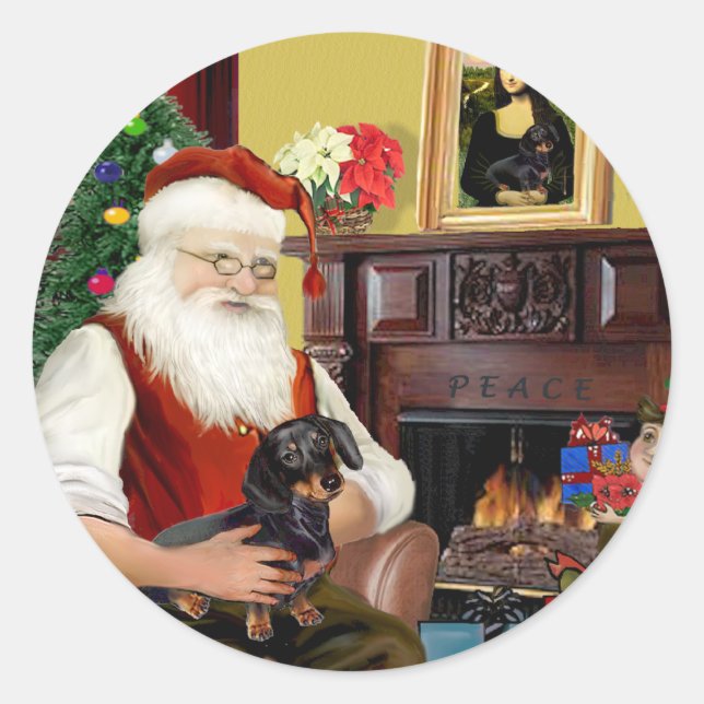 Pegatina Redonda El negro de Santa / tan Dachshund (#16) (Anverso)