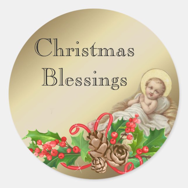 Pegatina Redonda El niño Jesús en el Navidad de Manger bendice la f (Anverso)