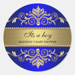 Pegatina Redonda El oro Florece Azul Elegante Baby Shower Es Un Niñ