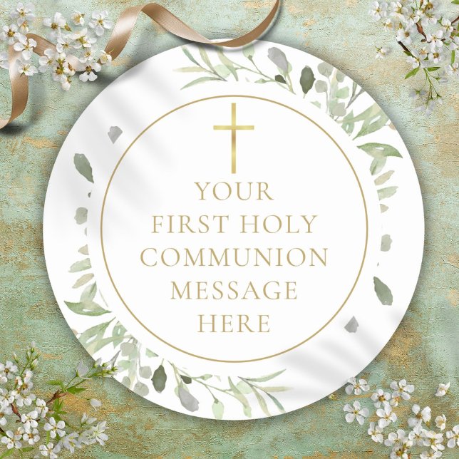 Pegatina Redonda El oro verde es el mensaje de la Santa Comunión (Greenery Gold First Holy Communion Message Classic Round Sticker)
