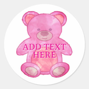 Pegatina Redonda El Oso Bebé Cuidadoso En Personalizado Rosado Text