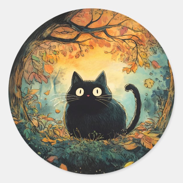 Pegatina Redonda El otoño deja a los gatos negros cómodos caer en l (Anverso)