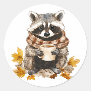 Pegatina Redonda El otoño deja raccoon acogedor con taza de café
