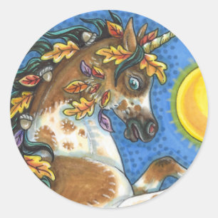 PEGATINA REDONDA EL OTOÑO SALE A UN ESTALLÓN UNICORN, CABALLO DE LL