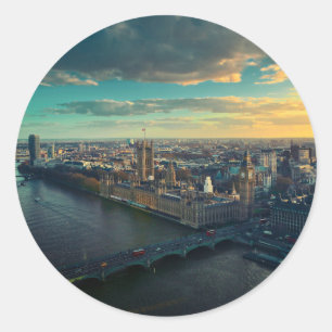 Pegatina Redonda El paisaje urbano de Londres con puesta de sol