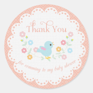 Pegatina Redonda El pájaro y las flores Baby Shower del vintage le