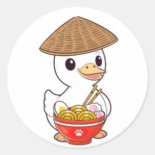 Pegatina Redonda El pato gracioso come fideos