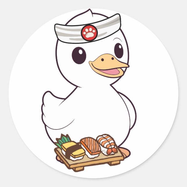 Pegatina Redonda El pato gracioso es un chef de sushi (Anverso)