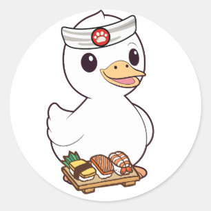 Pegatina Redonda El pato gracioso es un chef de sushi